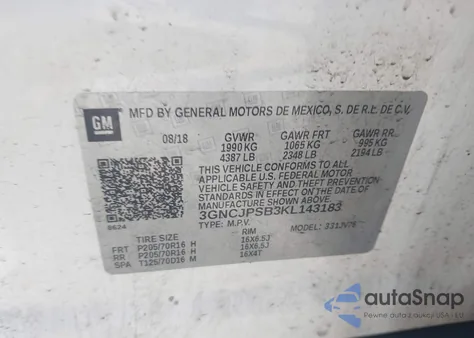 2019 Chevrolet Trax Lt z USA, uszkodzony, nr VIN 3GNCJPSB3KL143183